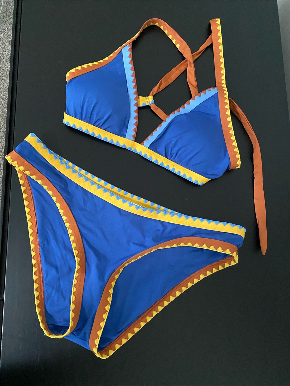 Lucky Brand Blue, Yellow & Brown Triangle Bikini Set